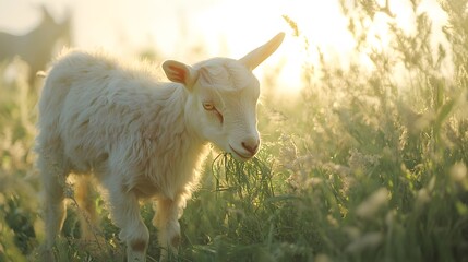 Fototapeta premium A young goat enjoys its pasture in the golden light of early morning