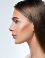 Naklejka premium 白く整った美しい歯並びの白人女性の顔のクローズアップ。白い背景。AIで生成 