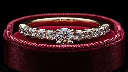 Elegant diamond ring displayed on a plush burgundy cushion, showcasing luxury and craftsmanship