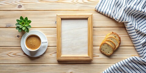 Empty Wooden Frame Mockup: Flat Lay with Coffee, Succulent & Bread on Striped Fabric