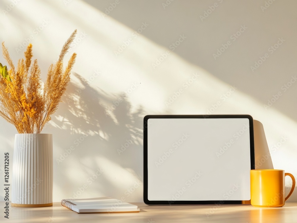 Poster modern hybrid workspace adaptive tablet with ergonomic mugs and notepads in soft-lit home office tec