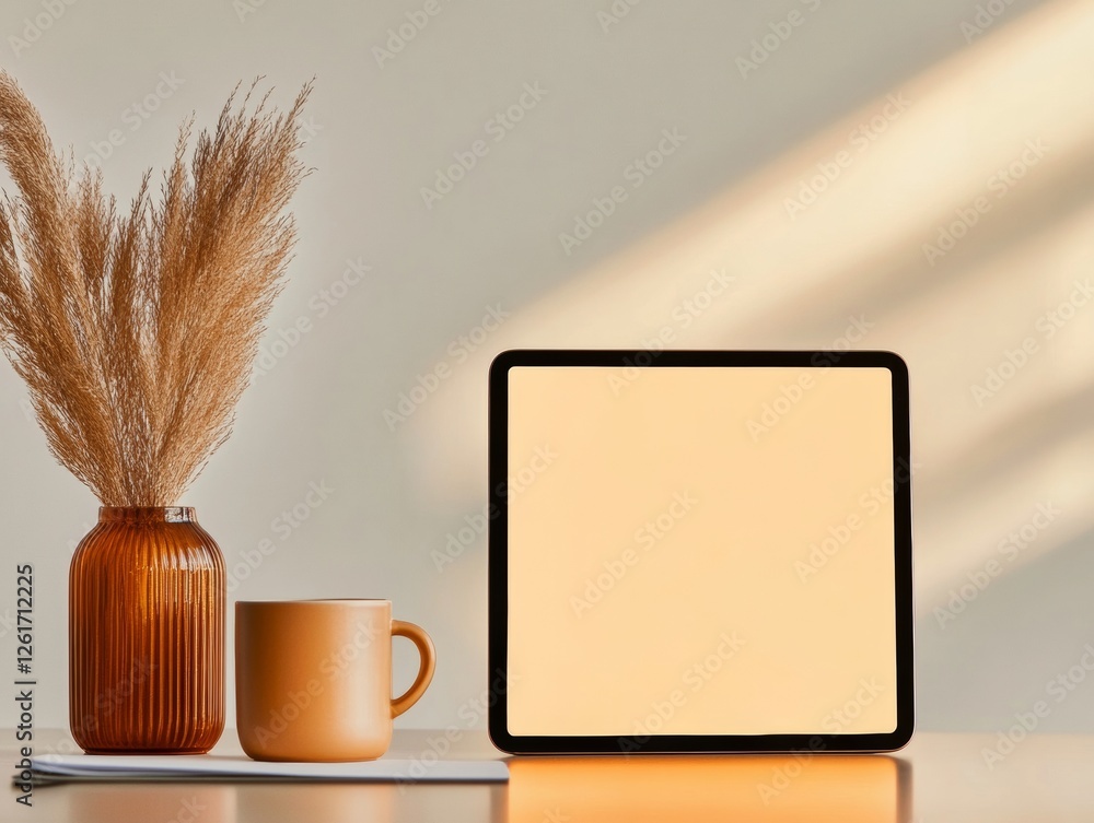 Poster scandinavian hybrid workspace ergonomic tech with ceramic mugs and natural light - adaptive home off