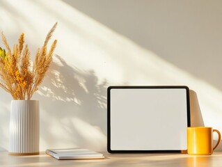 Modern Hybrid Workspace Adaptive Tablet with Ergonomic Mugs and Notepads in Soft-lit Home Office Tech Innovation for Enhanced Remote Team Collaboration