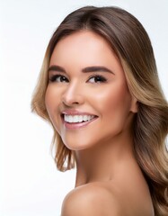 Naklejka premium 白く整った美しい歯並びの女性の顔のクローズアップ。白い背景。AIで生成 