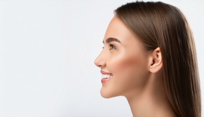 Naklejka premium 白く整った美しい歯並びの白人女性の顔のクローズアップ。白い背景。AIで生成 
