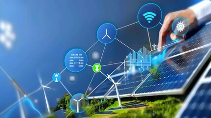 Renewable energy advancement solar panels and wind turbines showcase tech innovation sustainable environment digital connectivity