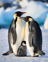Obraz premium Adorable Penguin Family on Icy Terrain with a Cozy Chick