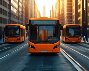 Fototapeta premium A vibrant urban scene featuring three orange buses driving down a city street, surrounded by tall buildings and bathed in warm sunlight.