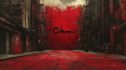Urban alleyway with a striking red background, featuring artistic splashes and graffiti, evoking emotion