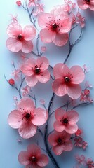 Delicate pink cherry blossoms arranged artistically on a soft blue background, ideal for spring themes