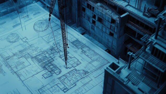 Blueprint city construction site, crane, abandoned building