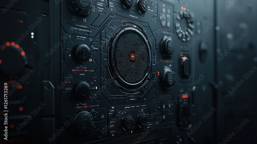 Poster close up view of futuristic control panel with intricate designs and glowing elements, showcasing ad