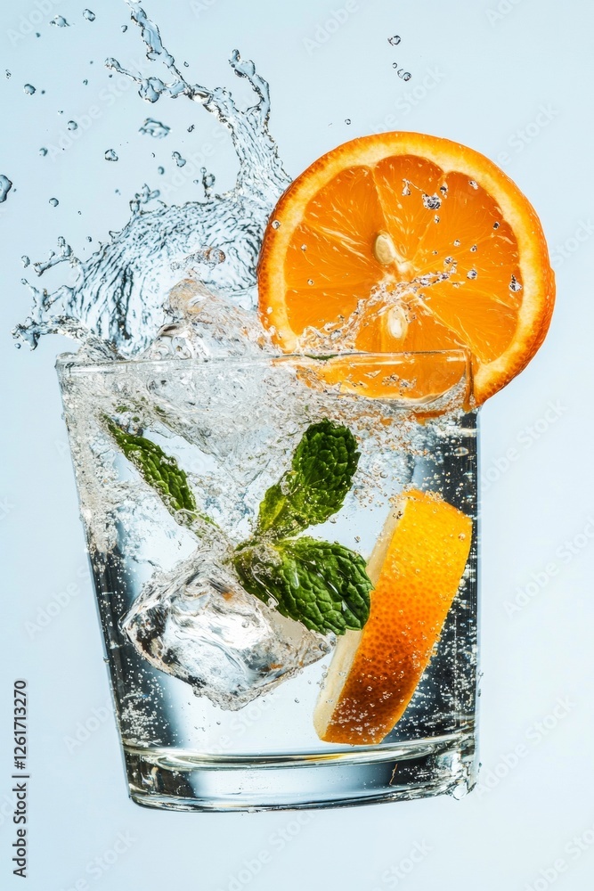 Poster Vibrant Beverage Dynamics Citrus and Mint Cocktail Splash with Ice - Dynamic Visual Content for Refreshment Marketing and Modern Drink Promotion