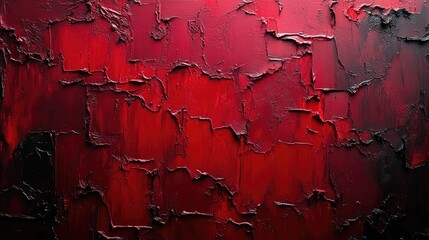 Abstract textured red wall with layered paint, showcasing depth and contrast in colors