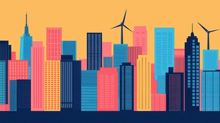 Obraz premium A vibrant city skyline featuring colorful skyscrapers and wind turbines against a bright orange sky.
