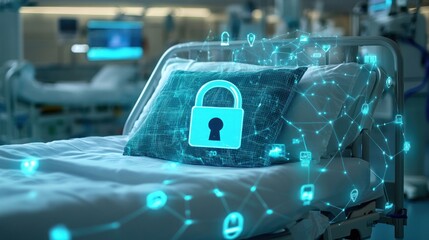 Hospital bed with digital lock symbolizing hipaa compliance and data security.