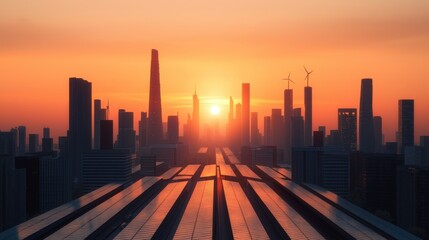 Obraz premium A breathtaking sunset over a city skyline, with vibrant colors illuminating tall buildings and a modern architectural foreground.