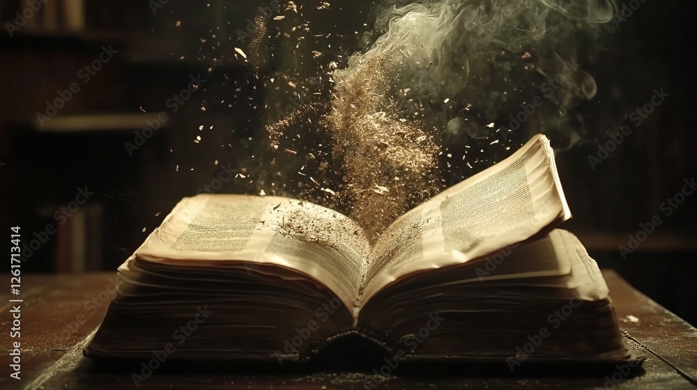 Poster ancient book exploding with dust and smoke