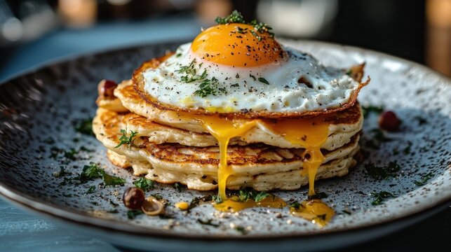 Delicious pancakes stacked high, topped with a perfectly fried egg and fresh herbs, ideal for a hearty breakfast or brunch spread.