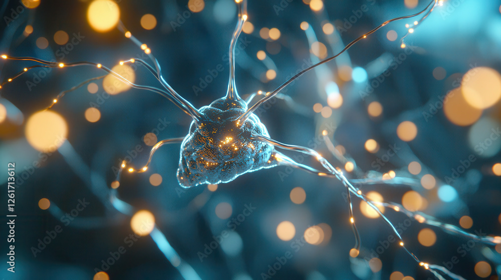 Poster digital brain with interconnected neural pathways, glowing with vibrant lights, represents advanced 