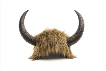 Obraz premium Viking helmet with horns and bison bull fur isolated on white background.