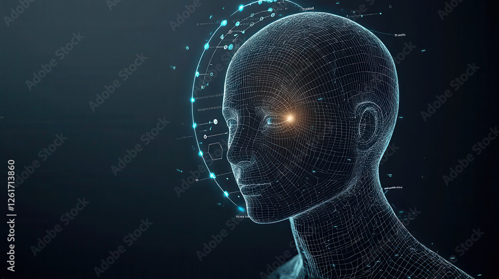 Poster futuristic ai assistant represented as floating holographic head with digital elements. design showc