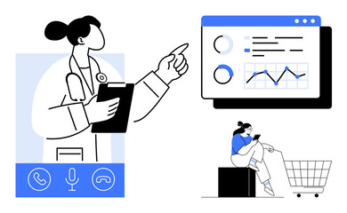 Doctor with stethoscope and clipboard points at a data dashboard. Female in a shopping cart checks her phone. Ideal for healthcare, telemedicine, technology integration, remote monitoring, online
