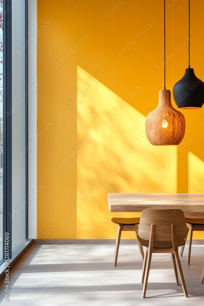 Aufkleber minimalist workspace design wooden tables and pendant lighting in vibrant office setting - modern bu