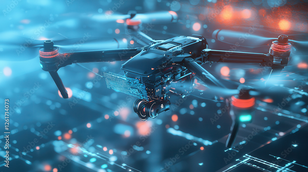 Poster futuristic ai driven drone with advanced technology and glowing lights, hovering in digital environm