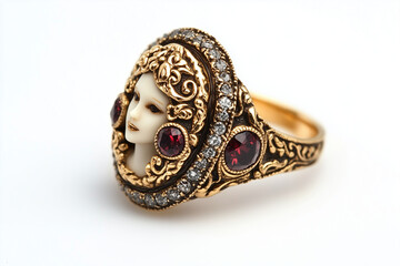 Fototapeta premium Luxurious medieval gold ring with precious stones and woman face isolated on white background.