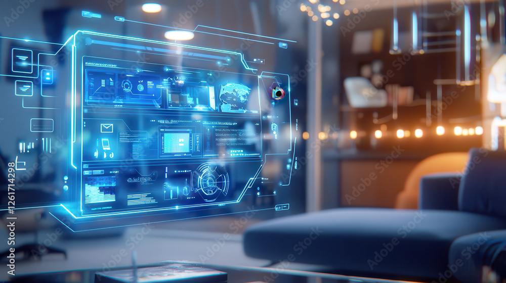 Poster futuristic smart home interface displaying advanced technology and data. sleek design enhances moder