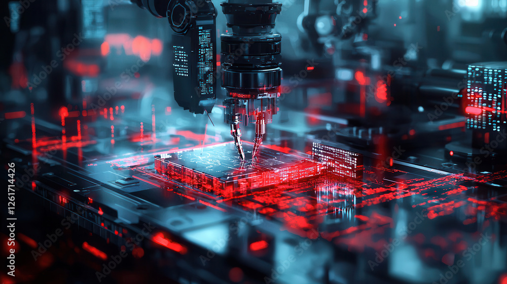 Poster futuristic assembly line with robotic arms assembling electronic components, showcasing advanced tec