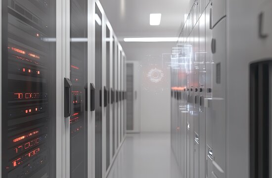 Modern server room with digital overlay - Powered by Adobe