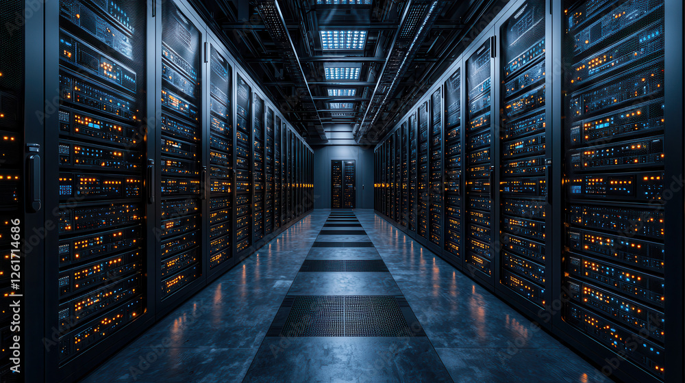 Aufkleber futuristic data server farm with illuminated racks and glowing lights creates high tech atmosphere