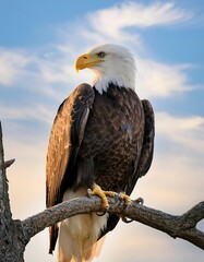 Obraz premium Majestic Bald Eagle Perched on a Tree Branch with Intense Gaze and Detailed Feathers