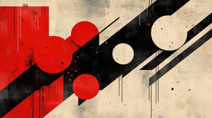 Abstract composition featuring red and black geometric shapes with a textured background