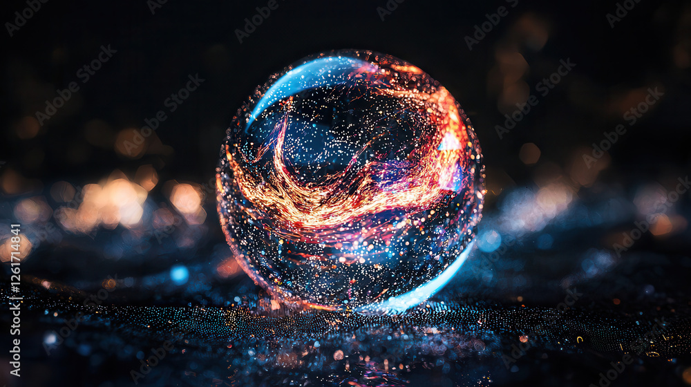 Poster mesmerizing crystal ball with swirling colors and sparkling particles, creating futuristic atmospher