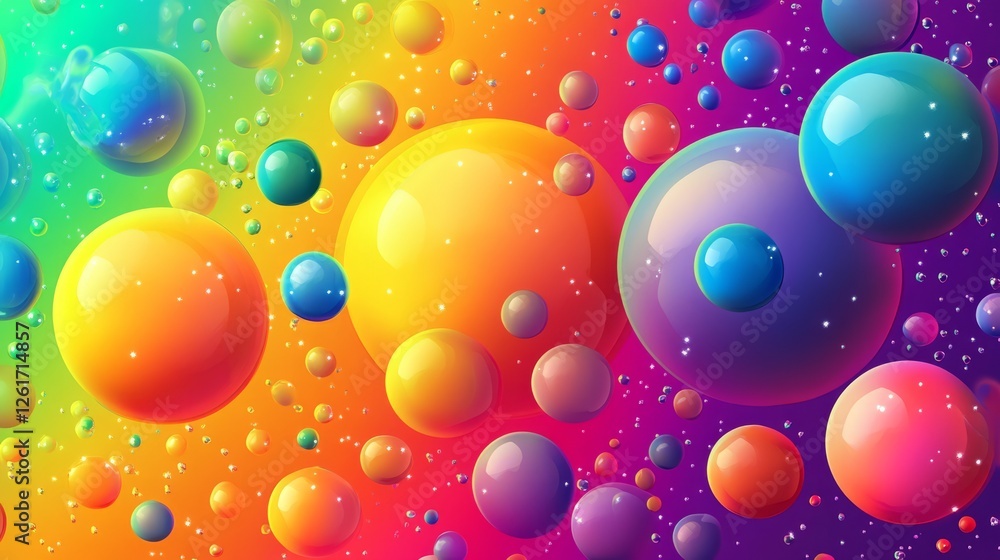 Poster abstract multicolored spheres floating in space.