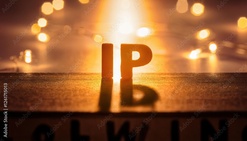 Aufkleber illuminated letters ip on a reflective surface with warm bokeh lights