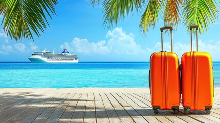 Vibrant orange suitcases on a tropical beach with a cruise ship in the background under a blue sky