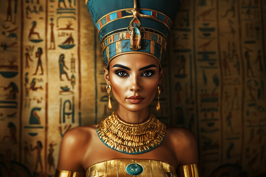 Ancient Egyptian queen woman in golden attire on ancient wall background.