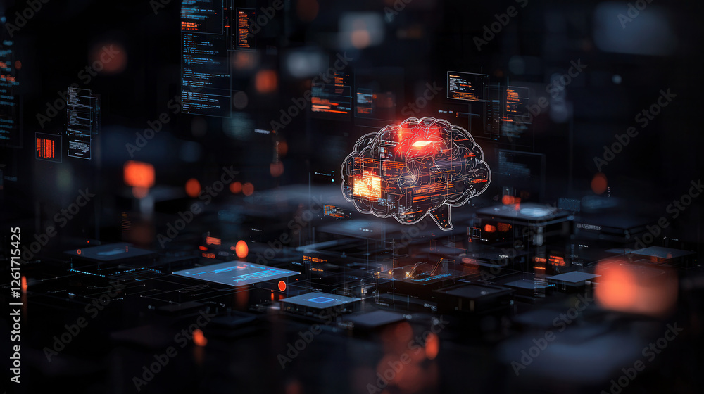 Poster glowing digital brain symbolizing artificial intelligence and technology, surrounded by data and cir