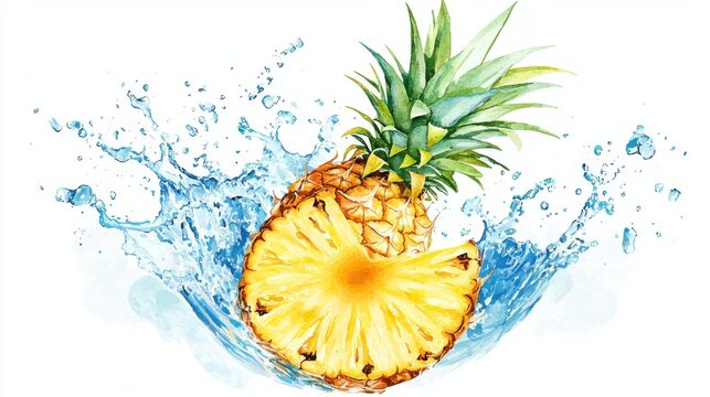 Vibrant watercolor illustration of a pineapple splashing in water, symbolizing freshness and tropical vibes. Perfect for food-related themes.