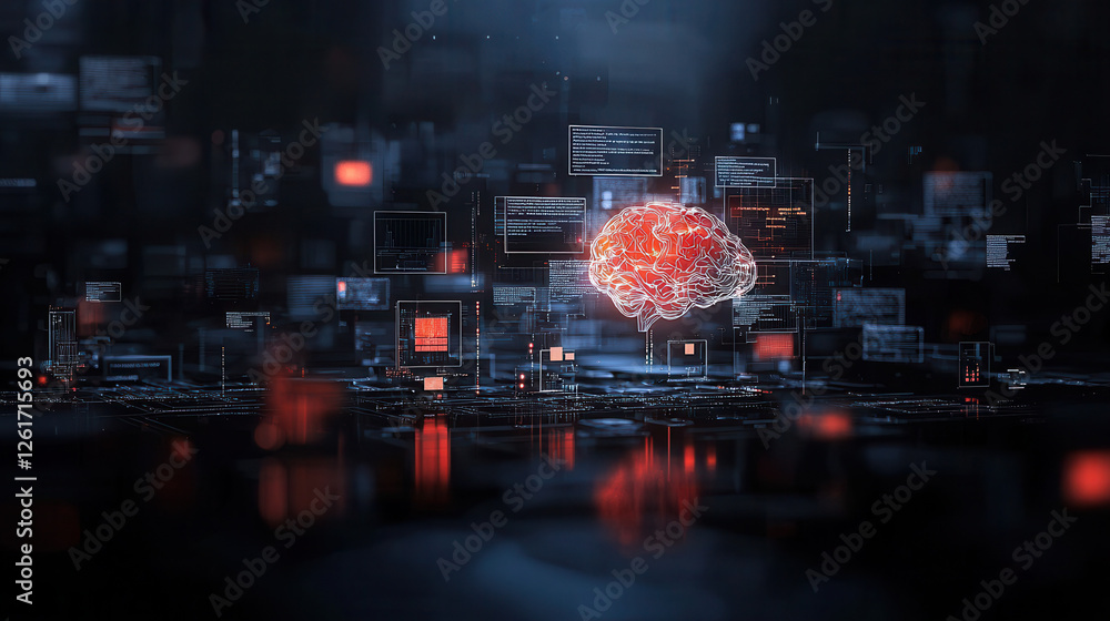 Poster glowing digital brain symbolizing artificial intelligence and technology