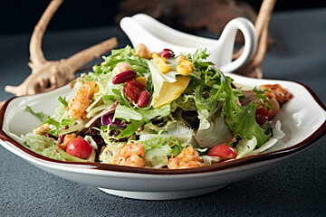 Grilled Shrimp Salad with Caesar Dressing and Raw Vegetables