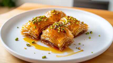 Delicious baklava drizzled with honey and sprinkled with pistachios