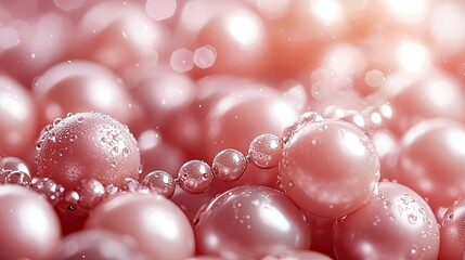 Close-up of glistening pink pearls with water droplets, creating a luxurious and elegant atmosphere