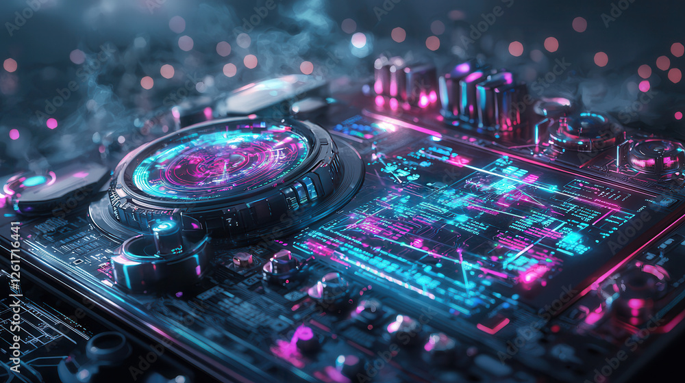 Poster high tech control panel with glowing circuits and digital displays, showcasing advanced technology a