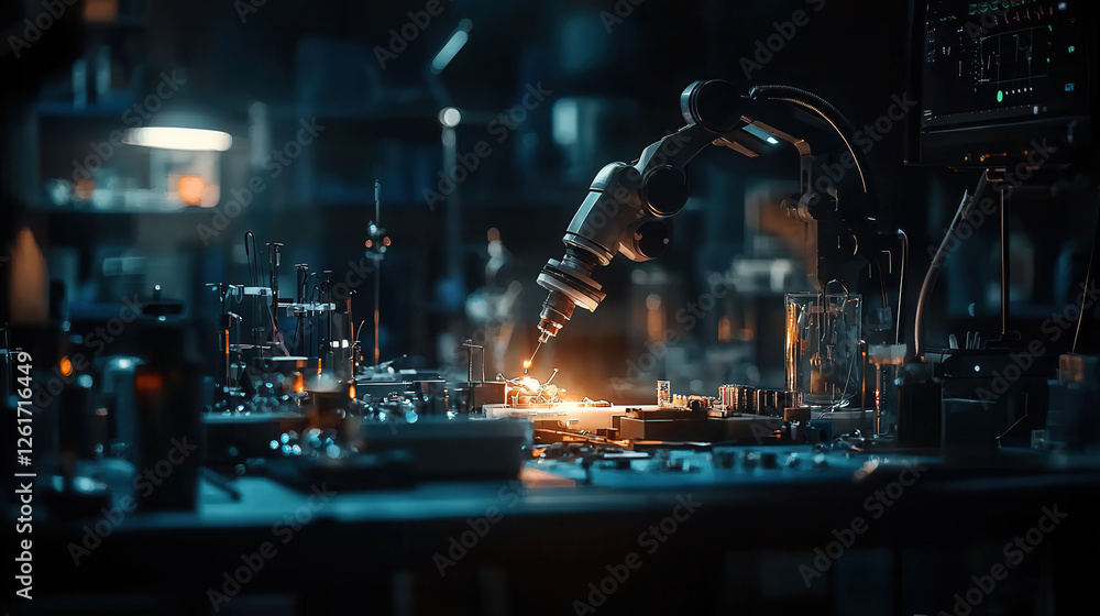 Aufkleber high tech robotic arm performing precision tasks in dimly lit lab, showcasing advanced technology an