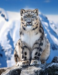Fototapeta premium Majestic Snow Leopard Resting on a Rocky Mountain Ledge
